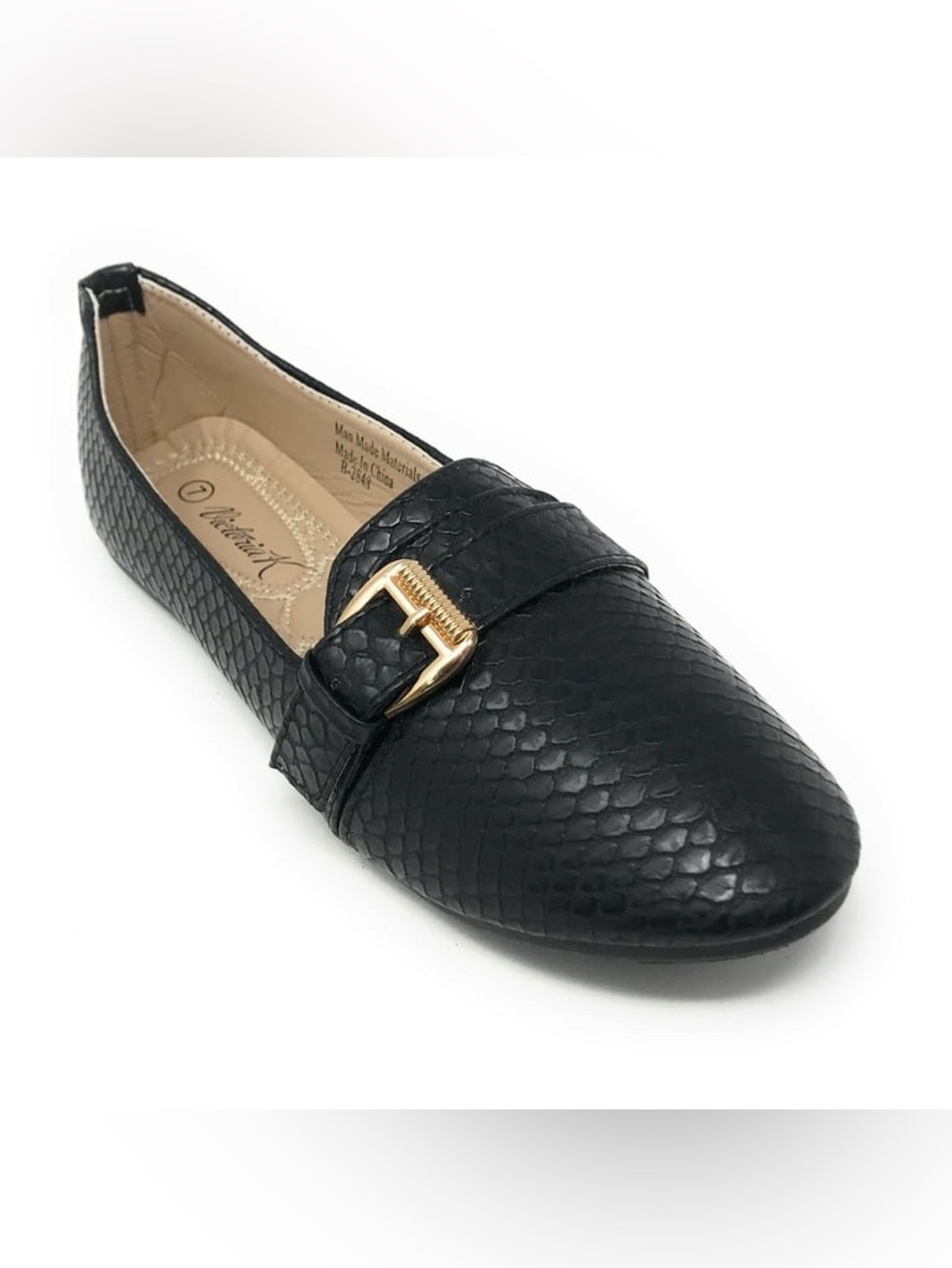 Victoria K Women's Faux Snake Skin With Gold Buckle Ballerina Flats